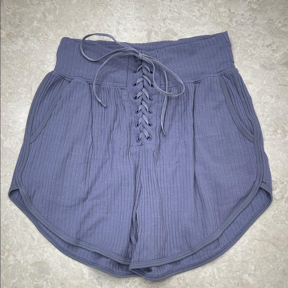 Free People High Waist Lace-Up Ribbed Shorts — Slate Blue